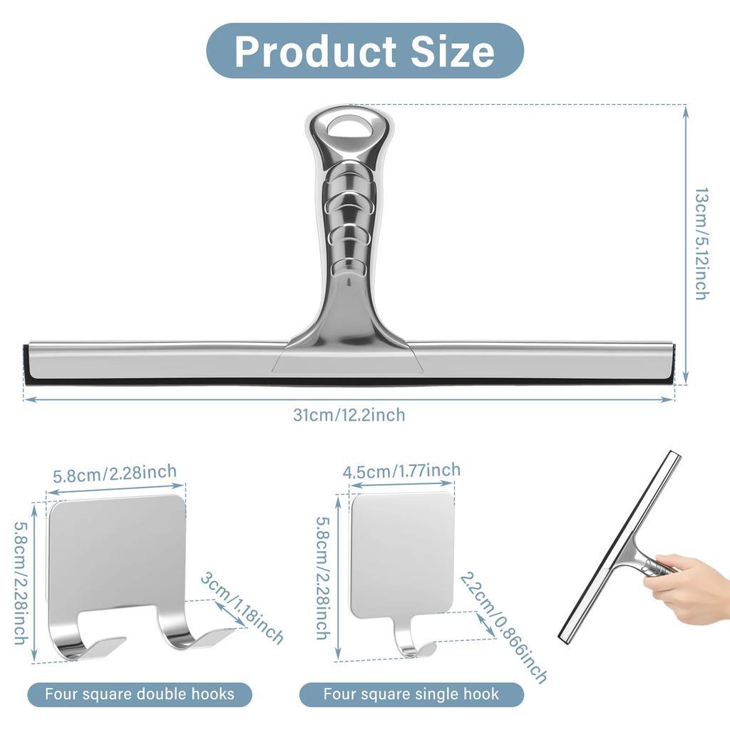 Shower Squeegee with Hook Silicone Strip Stainless Steel Glass Window Cleaner Household Bathroom Mirror Window Silicon scraper