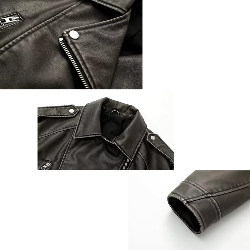 Women's Washed Leather Jacket with Belt, Short Coat with Downgraded Zipper and Vintage Lapel Jacket
