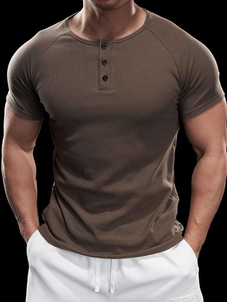 2024 Men's Semi-Tight Henley Fitness Shirt - Solid Color Striped Stretch Short Sleeve Athletic Top