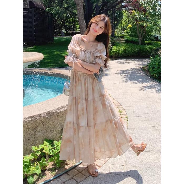 French Romantic Square Neck Floral Dress for Spring & Autumn 2026 - Gentle, Elegant, Long Fairy Vacation Dress