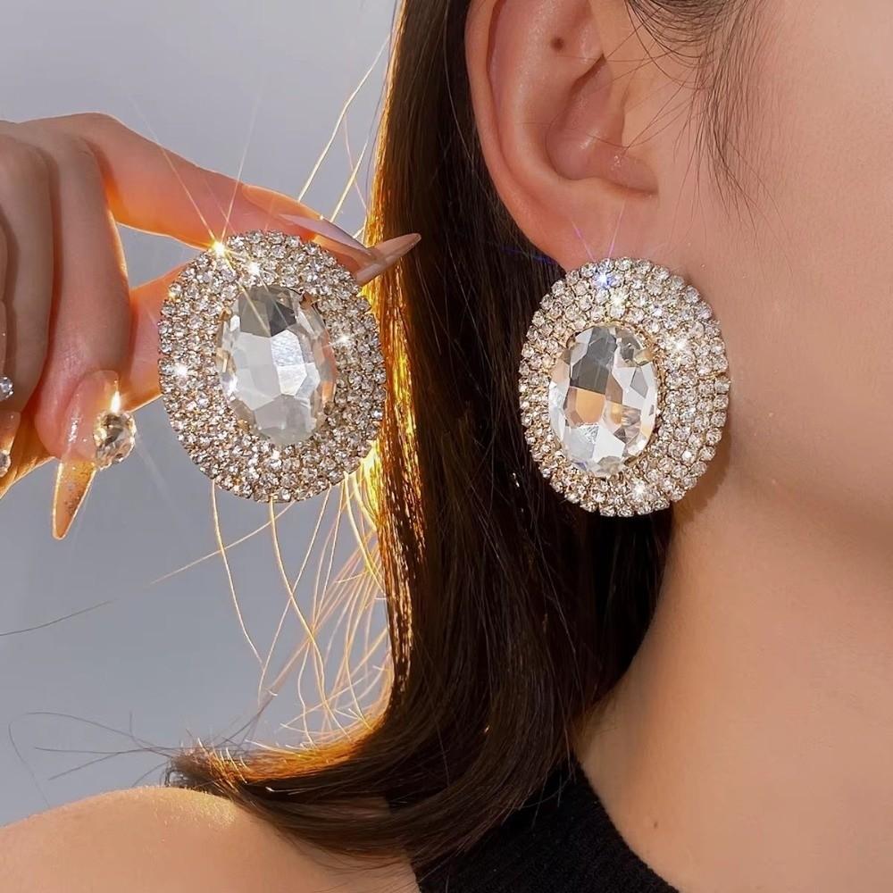 Elegant Oval Crystal Earrings Rhinestone Bling Oval Earrings Large Copper Copper Chain Earrings All Season Wear