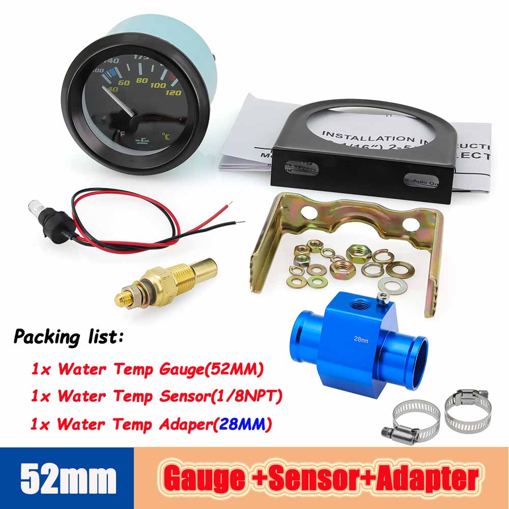 52mm Auto Temp Gauge Dual Unit Digital 40-120℃/100-250℉ Water Temperature Indicator Sensor Adapter 1/8NPT For Gasoline Vehicle