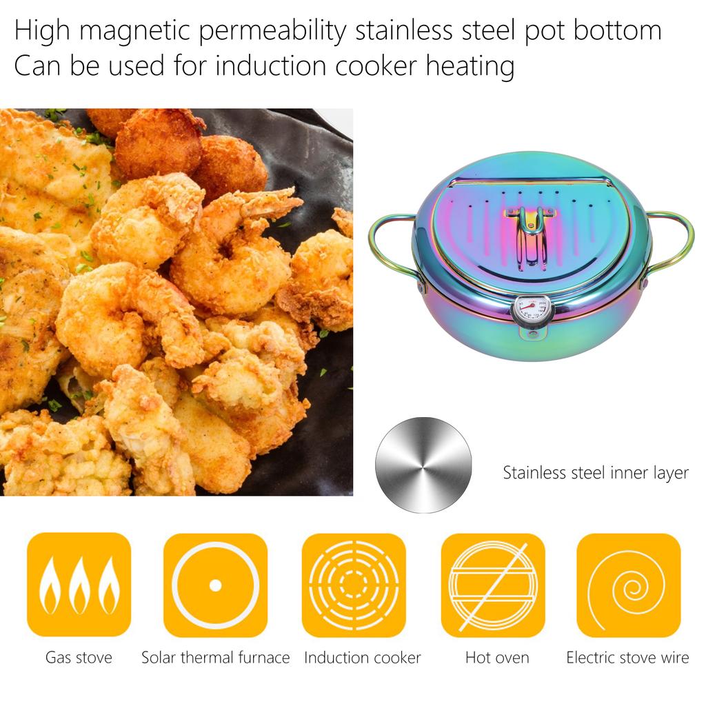 Stainless Steel Fryer with Thermometer 3.2L Non Stick   Frying Pot Kitchen Cookware Accessory