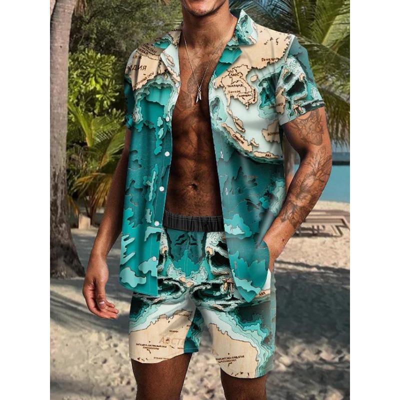 

New Hawaiian Shirt Map Short Sleeve Shirt Men S Beach Pants Shirt Set Men S XXXXL