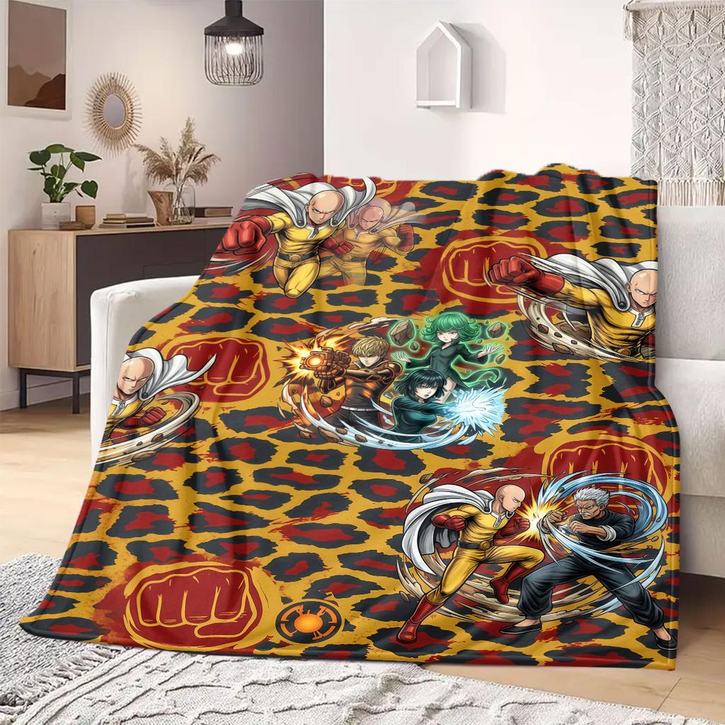 One Punch Man Smart Print Flannel Blanket, Cartoon Decorative Pattern, Soft and Warm for Bed and Couch, Travel Blanket_LIAN