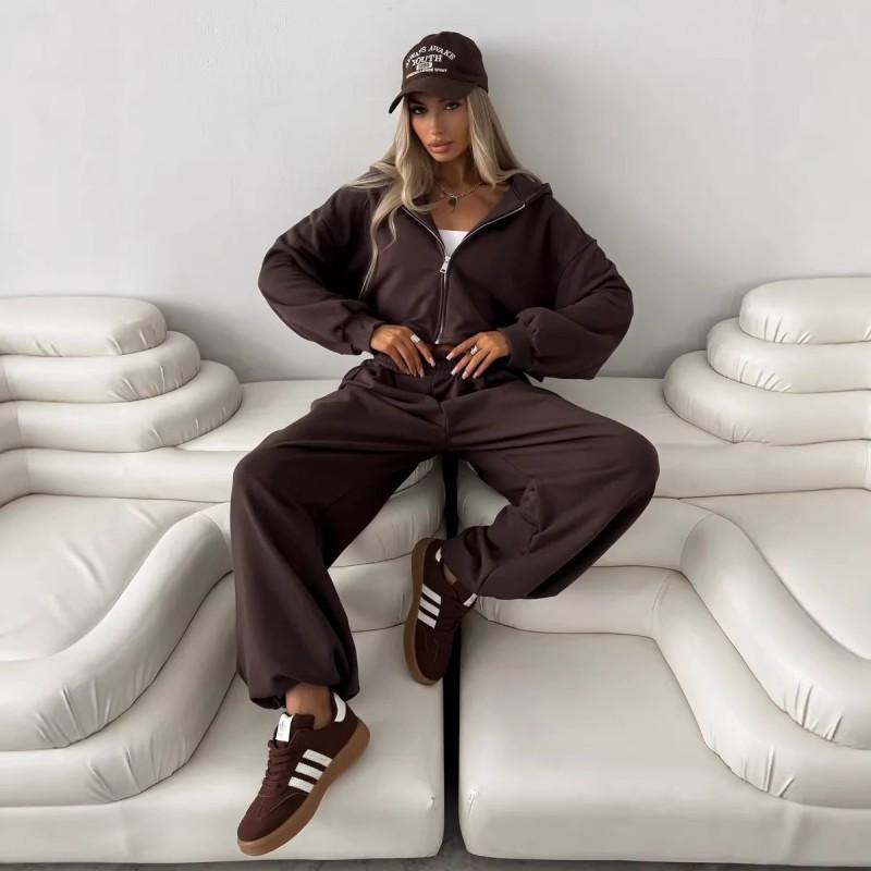 Womens Casual Two-Piece Set: Zip-Up Hoodie Top Drawstring Wide-Leg Pants Cotton Blend All-Season Streetwear