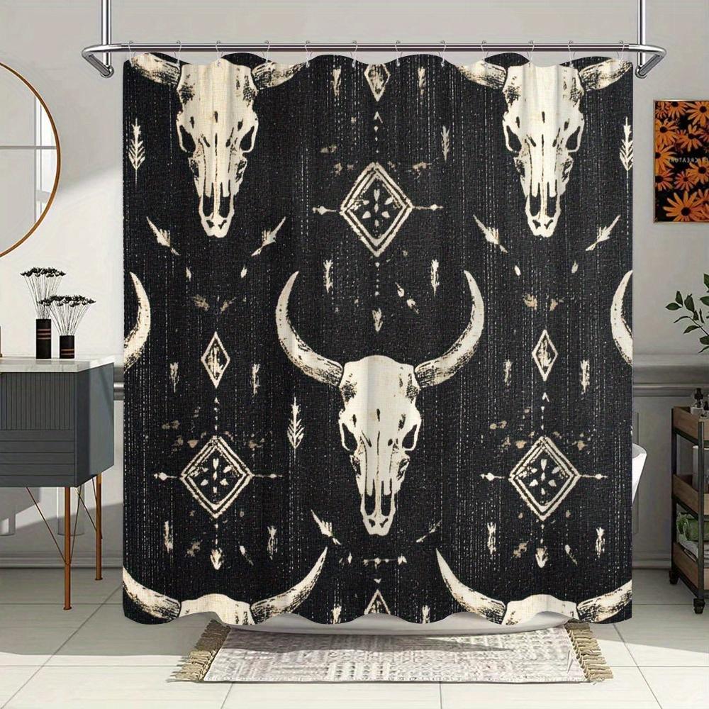 

Buffalo Skulls Curtain, White On Black, Feathers & Diamonds, Woven Texture, Symmetrical Grid, Native Style, 12 Hooks W60H190(CM)-1 Pcs
