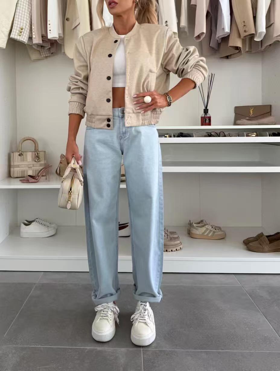 

Женская повседневная куртка-бомбер Осень/Зима 2025 - Европейская и американская мода, стиль бейсбольной формы L абрикосовый