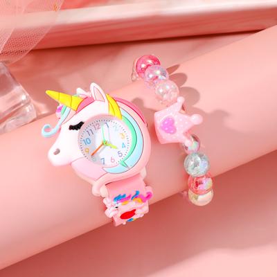 Conjunto de Relógio de Quartzo Infantil de Silicone Unicórnio da Moda Popular
