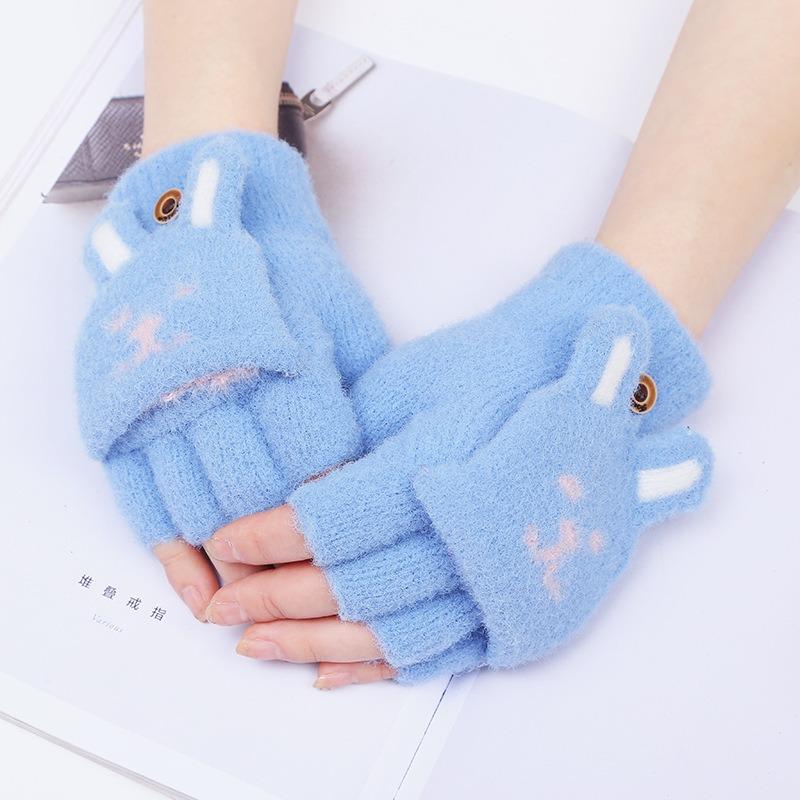 Student writing half finger flip gloves plush cute rabbit face girl exposed fingers to keep warm female winter