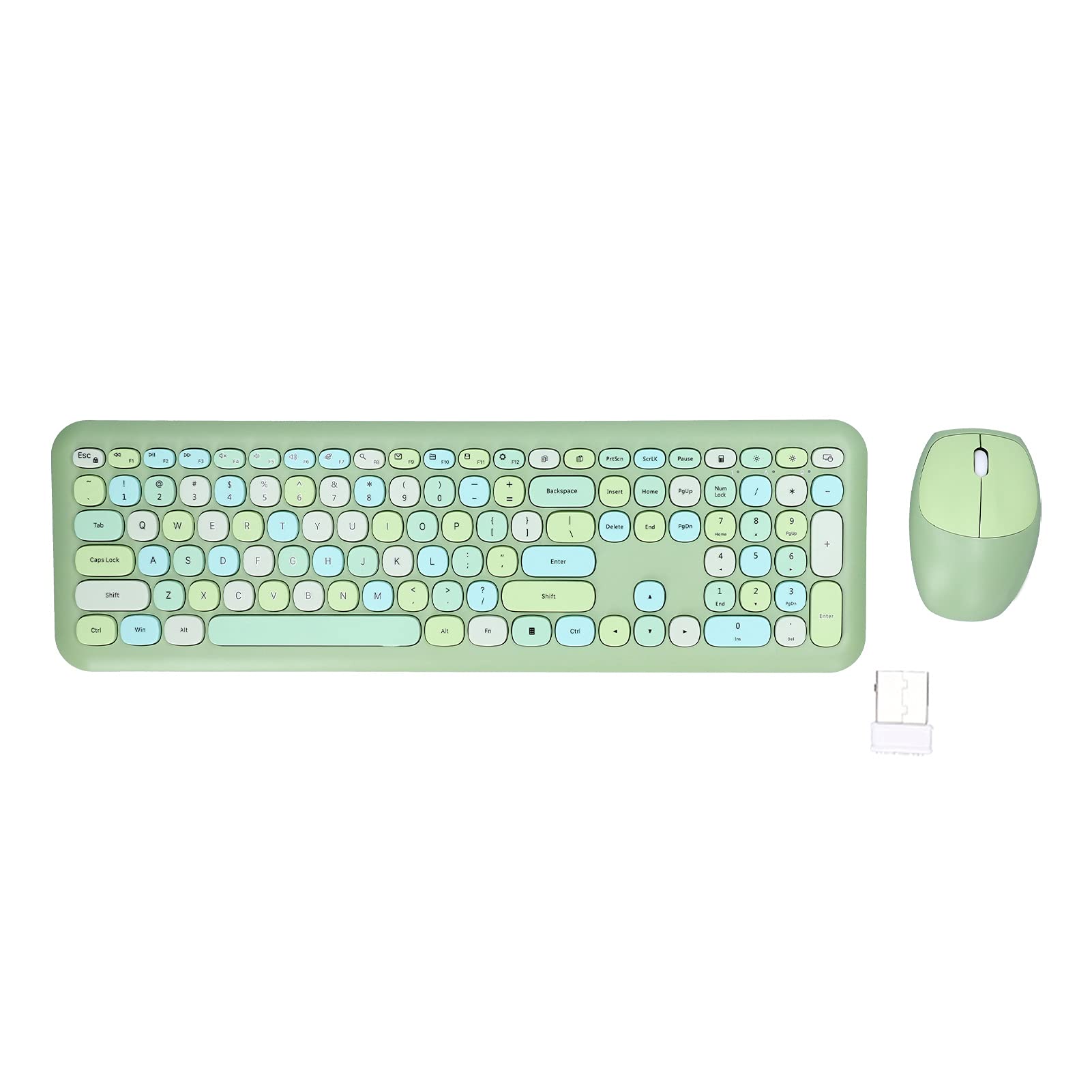 

Wireless Keyboard and Mouse Colorful Round Cute Aesthetic QWERTY Typewriter Keyboard 2.4G Combo, Keycaps, Keyboard, 110-Key Full-Size (Green Mix)