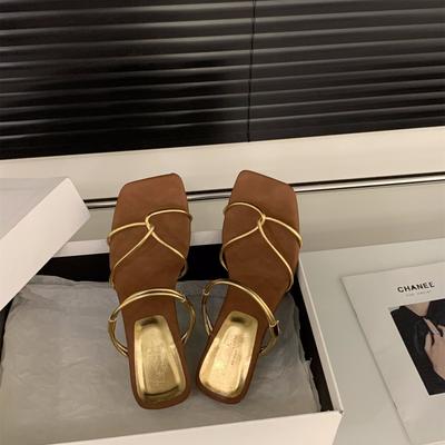Niche Slope Heel Thin Belt Cool Slippers Fairy Shoes Wear 2025 New Summer French Medium High Heel Roman Sandals