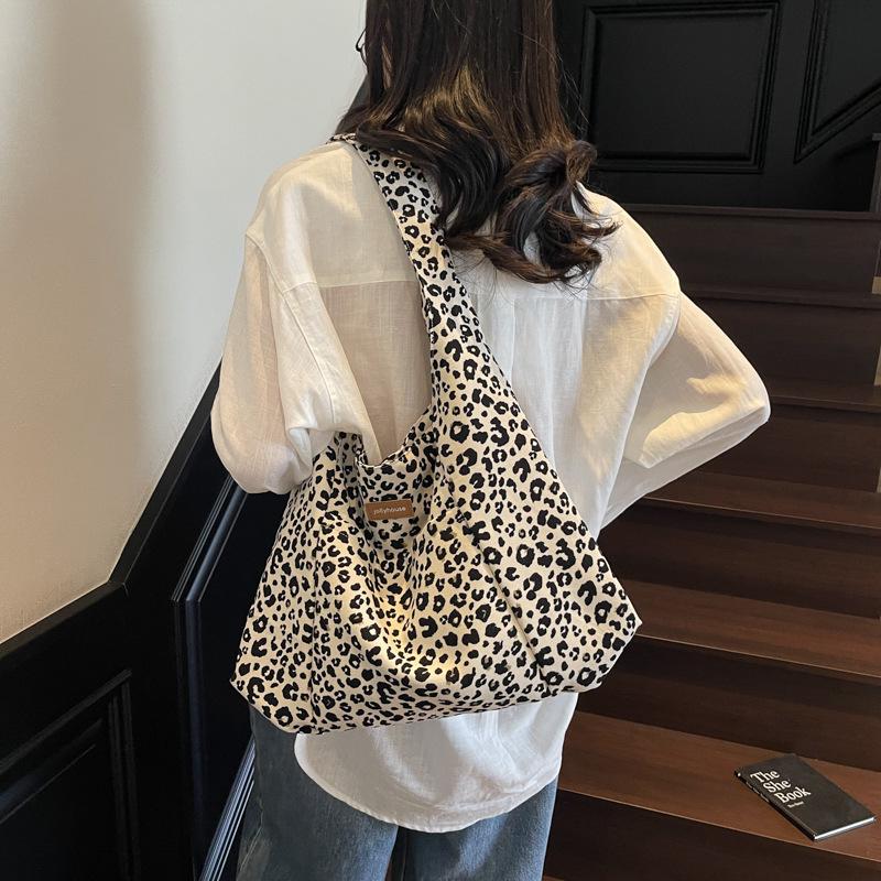 Leopard Print Corduroy One-Shoulder Tote Bag - Versatile, Large Capacity, and Fashionable