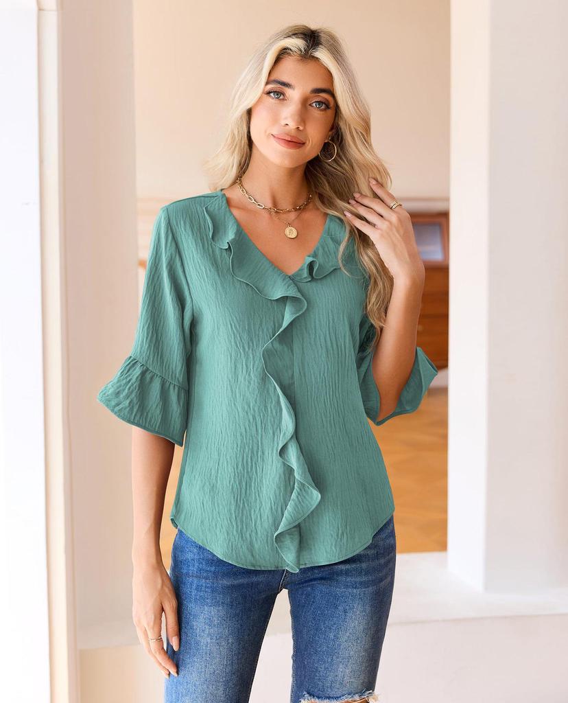 2026 Fashion Style 3/4 Sleeve Ruffle Lantern Collar Casual Top