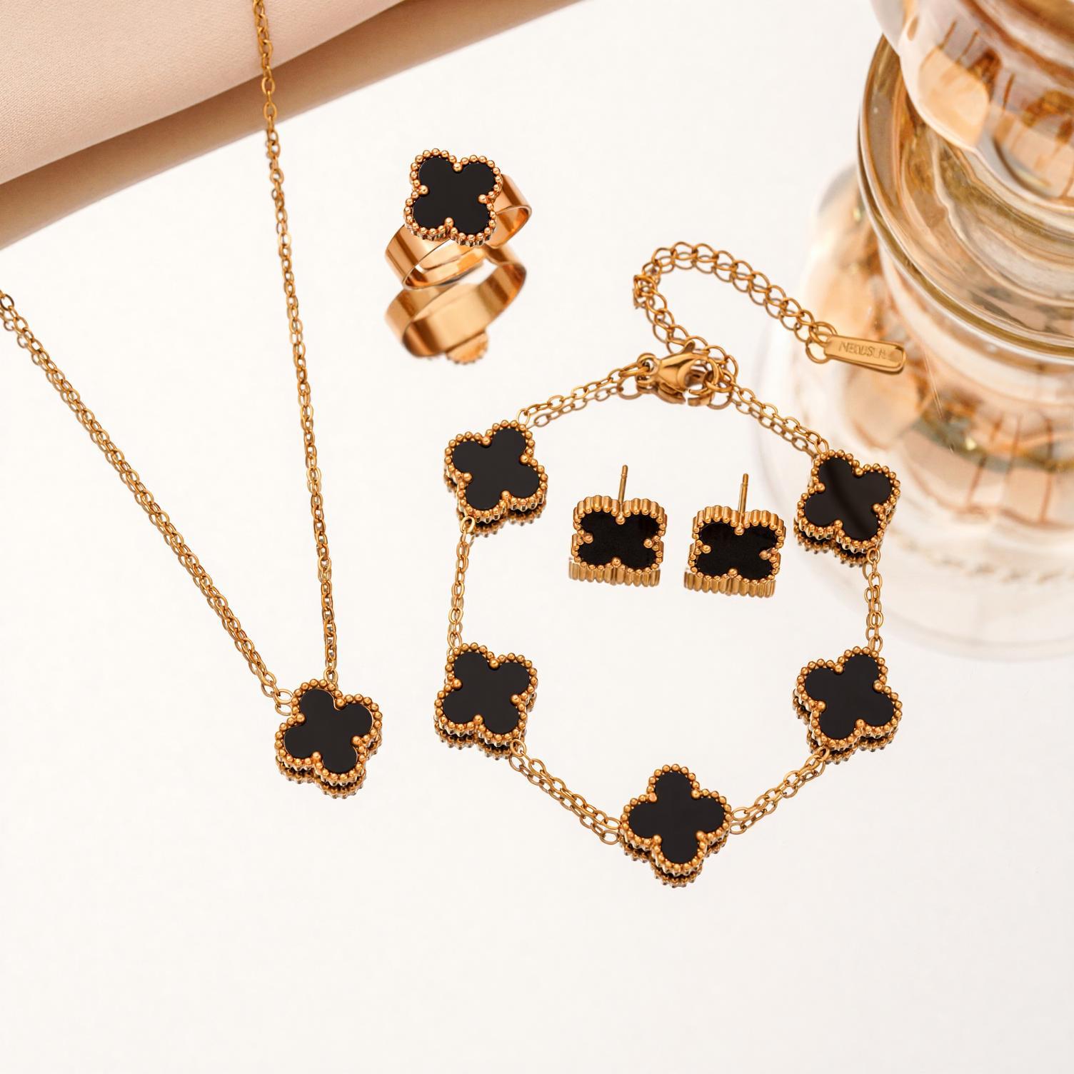 

4PCS Titanium Steel Non Fading Clover Set Necklace Bracelet Ring Earrings Women s Fashion Clover Four Piece Set 4PCS