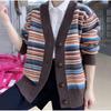 2025 Autumn and Winter New Korean Version with Color Striped Knitted Cardigan Loose V-neck Sweater Jacket Top Women