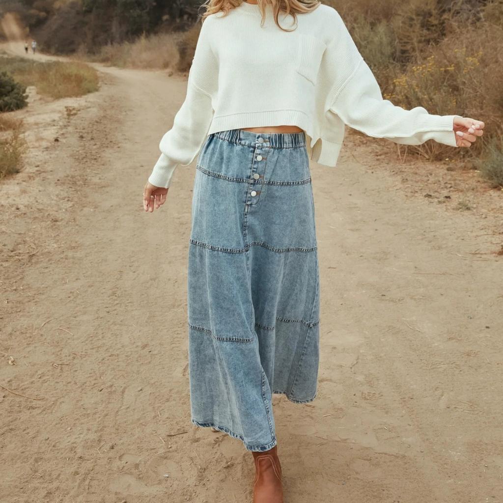 Fashion Denim Skirt Bohemian A-line Layered Stitching Cowgirl Skirt