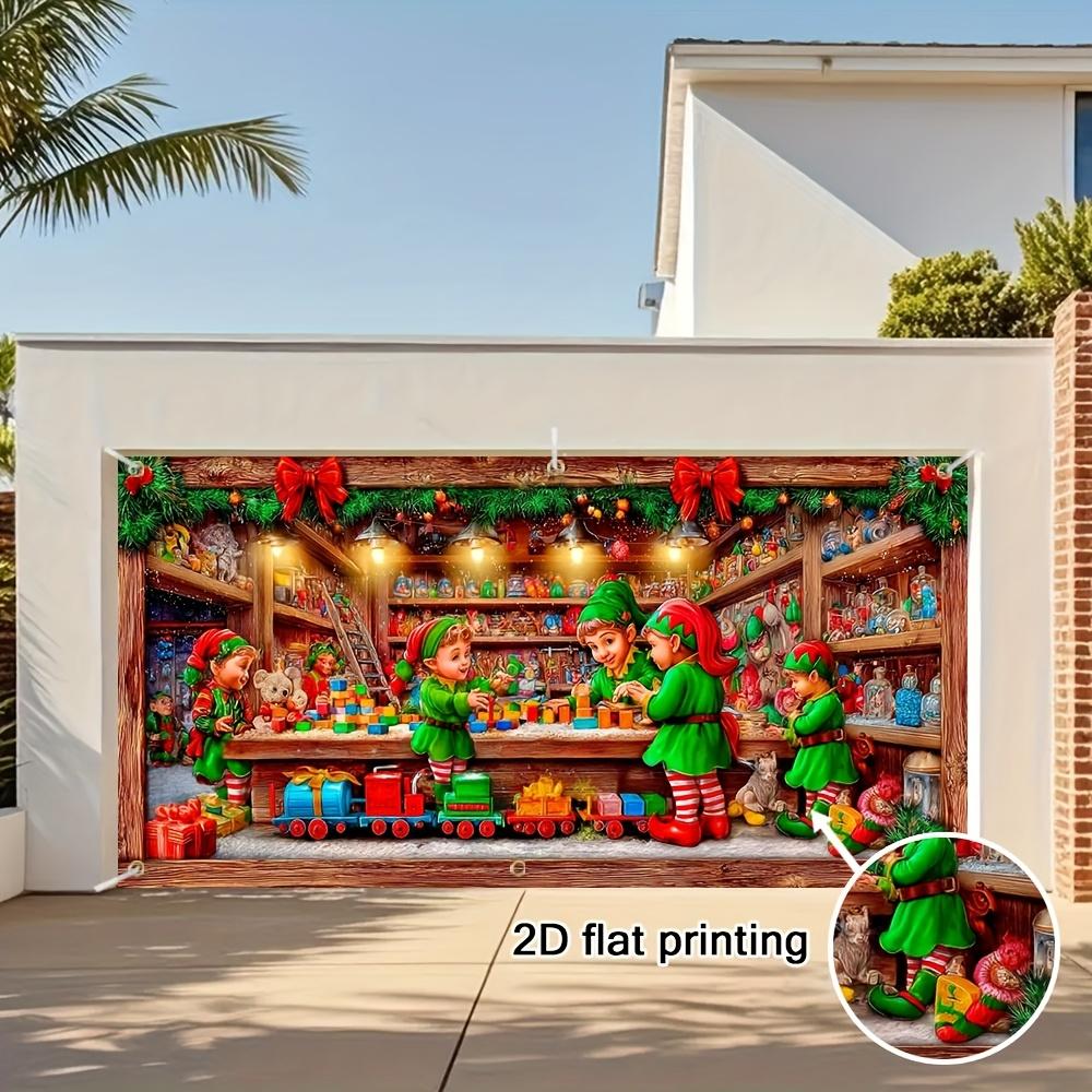 2D flat 1pc Santa Claus and Elves Workshop garage door banner - Holiday Christmas scene with train, holiday decoration