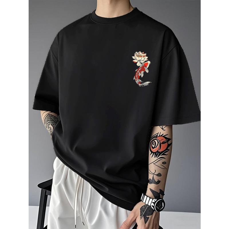 

European sizes Men s Summer Fish Print T-Shirt with Front and Back Design, Comfortable Short Sleeve for Daily Wear 4XL чорний
