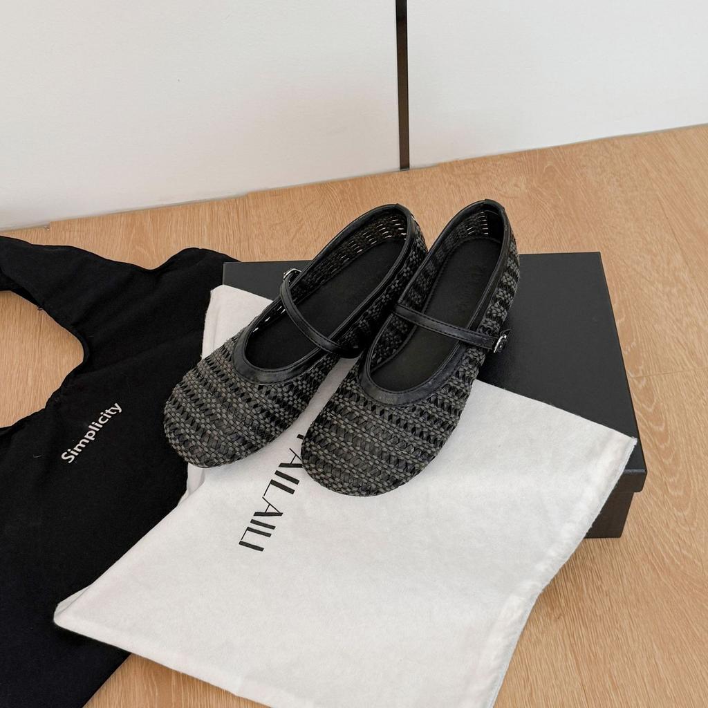 Ballerinas Damenmode Runde Zehen Schnalle Slipper Atmungsaktiv Retro Gewebt Hohl Damen Freizeit Mary Jane Schuhe