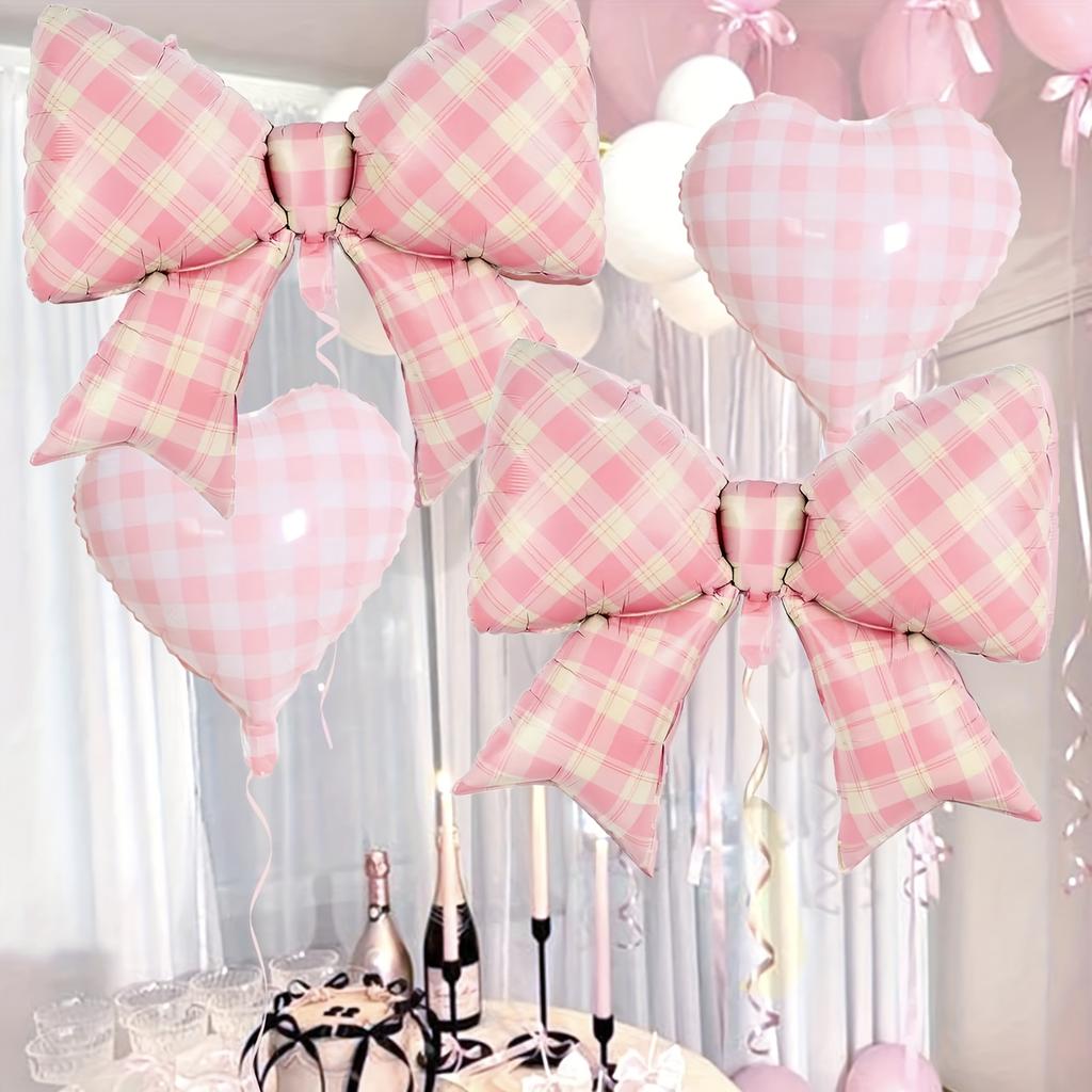 4pcs/Set Pink Checkered Bow Love Balloons Plaid Pattern Baptism Birthday Wedding Festival Party Decoration Festive Photo Props