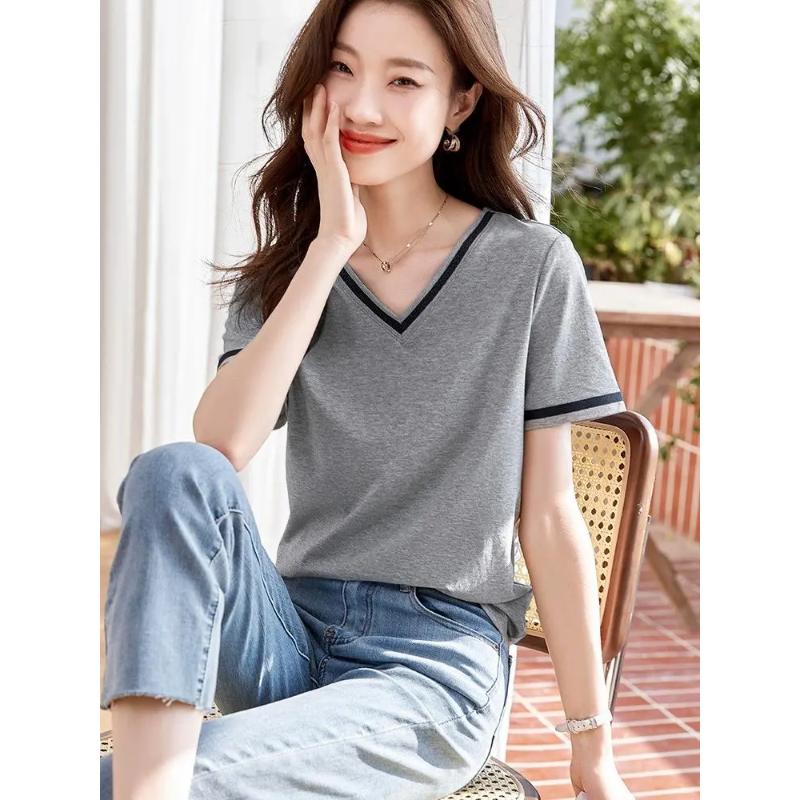T-shirt Top Coréen Manches Courtes Mode Tendance Polyvalent Confortable Décontracté Style Nouveau d'Été Col en V