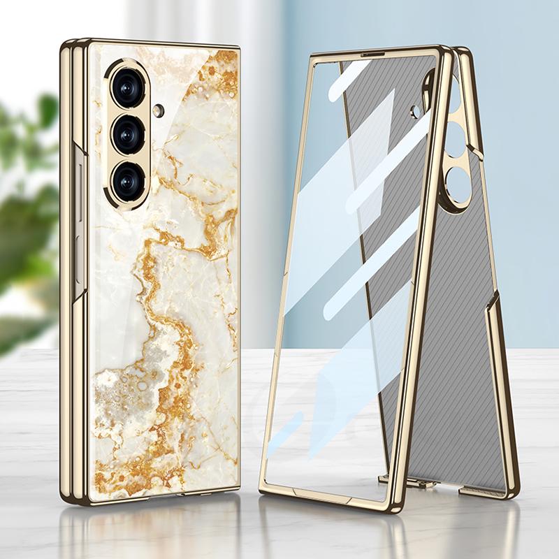 Luxury Plating Painted Glass Case for Samsung Galaxy Z Fold 7 6 Back Screen Glass Protective Cover for Galaxy Z Fold7 Case