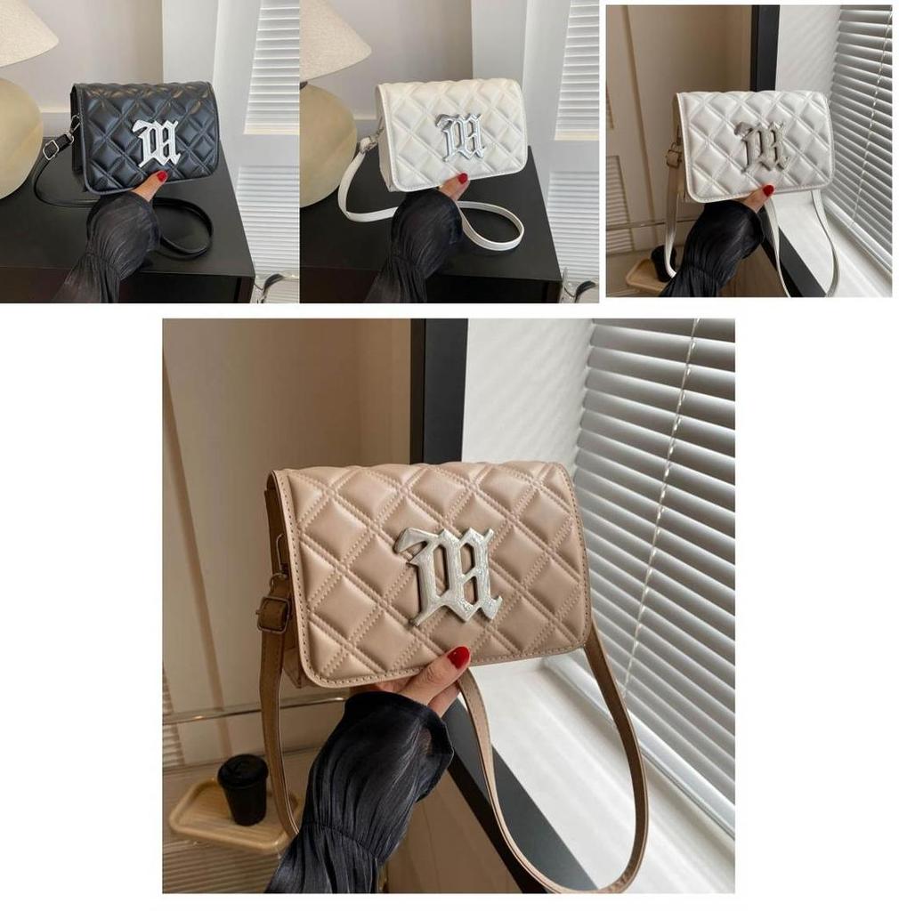 Pu Small Square Crossbody Bag With Silver Letter Decorated Checkered Texture For Daily Casual Women
