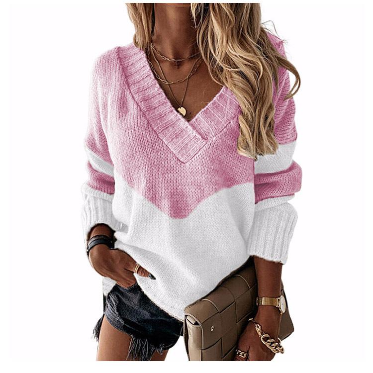 Pullovers Loose Vintage Simple Fashion Autumn and Winter Pullover V-neck Loose Type Pullover Soft Classic Clothes Spelling Color Women's Knitwear