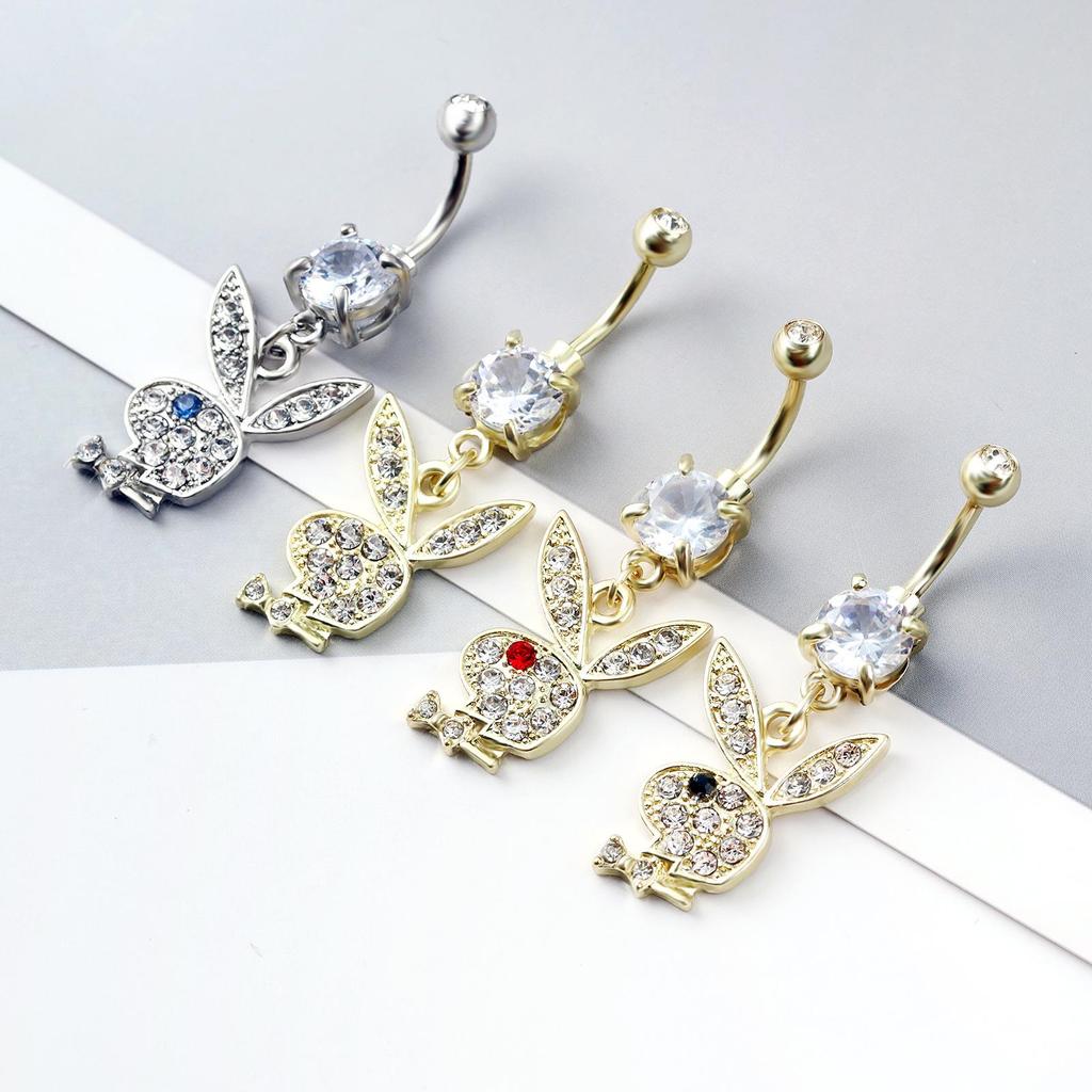 Rhinestone Cartoon Rabbit Stainless Steel Navel Ring with Zirconia