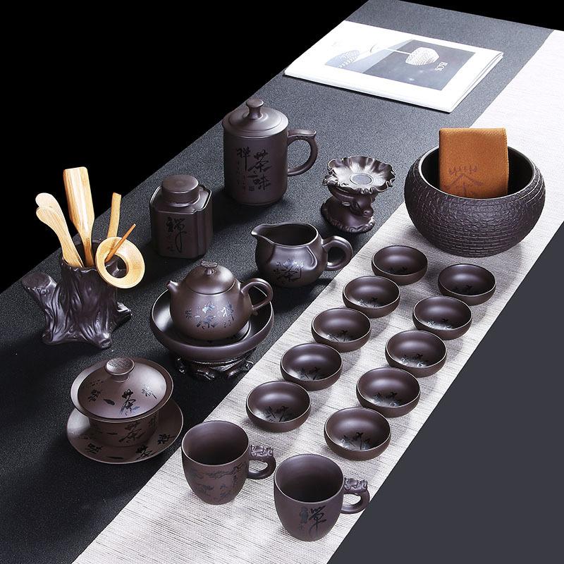 Coffret cadeau de service à thé de voyage Kung Fu en céramique haut de gamme sable violet, cadeaux d'événement d'entreprise pour la Fête de la Mi-Automne