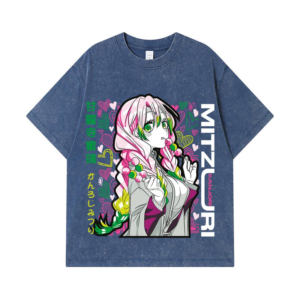 275 GSM Washed T-shirts 100% Cotton Demon Slayer V102 Mitsuri Print Unisex Heavy Cotton T Shirt