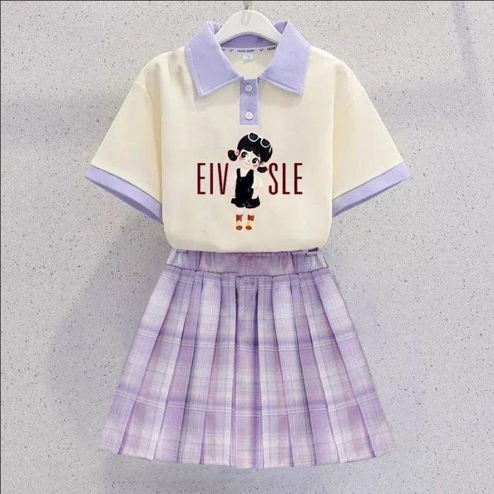 Kuromi Girls' Summer Cartoon JK Skirt Set - Short Sleeve Dress for Middle and Big Kids