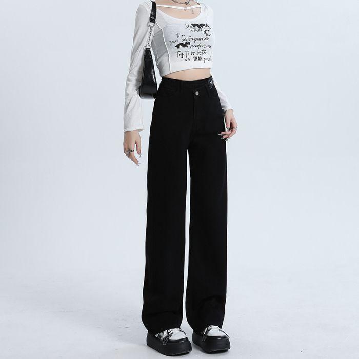 Spring Summer Black Niche High Waist Relaxed Straight Wide Leg Denim Pants For Ladies Casual Pants Oversize Denim Trousers
