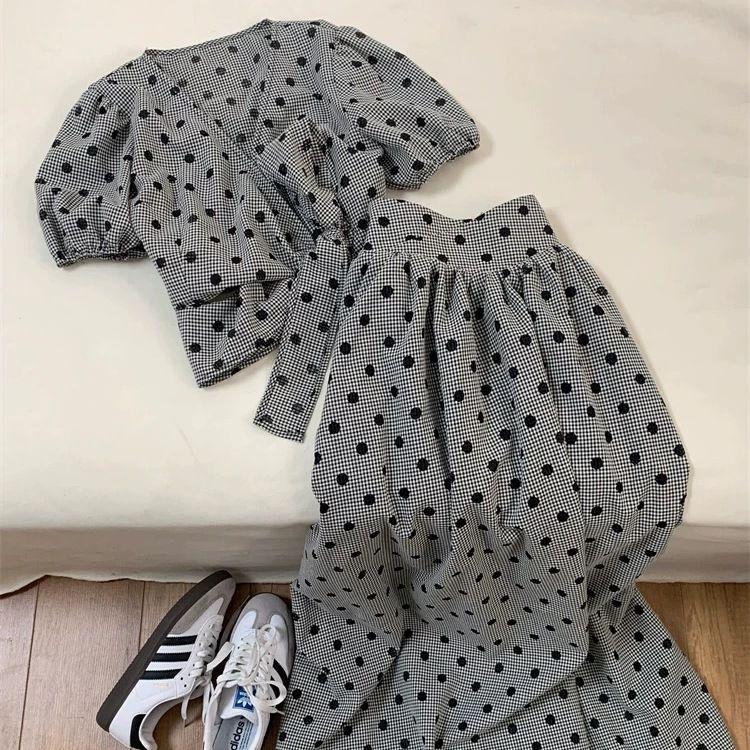 Women s French Summer Polka Dot Puff Sleeve Top & High-Waisted Skirt Set S