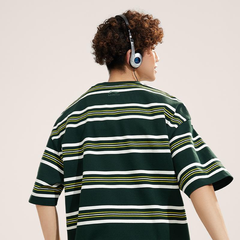 Li-Ning Weekend Youth Simple Versatile Striped Drop Shoulder Round Neck Cotton Short Sleeve T-Shirt Unisex Tops Retro-Green AHSU655-3