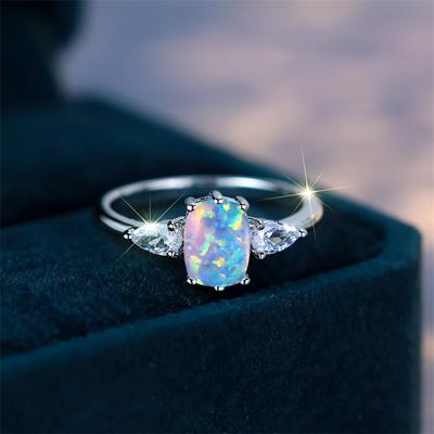 Cute Female White Fire Opal Stone Engagement Ring Vintage Silver Color Summer Wedding Jewelry for Women