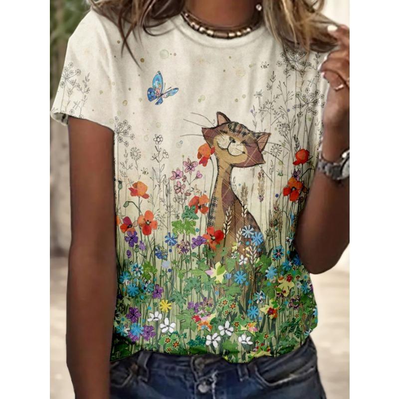 Ladies  cat print short sleeved shirt in colorful flower bushes, round neck S