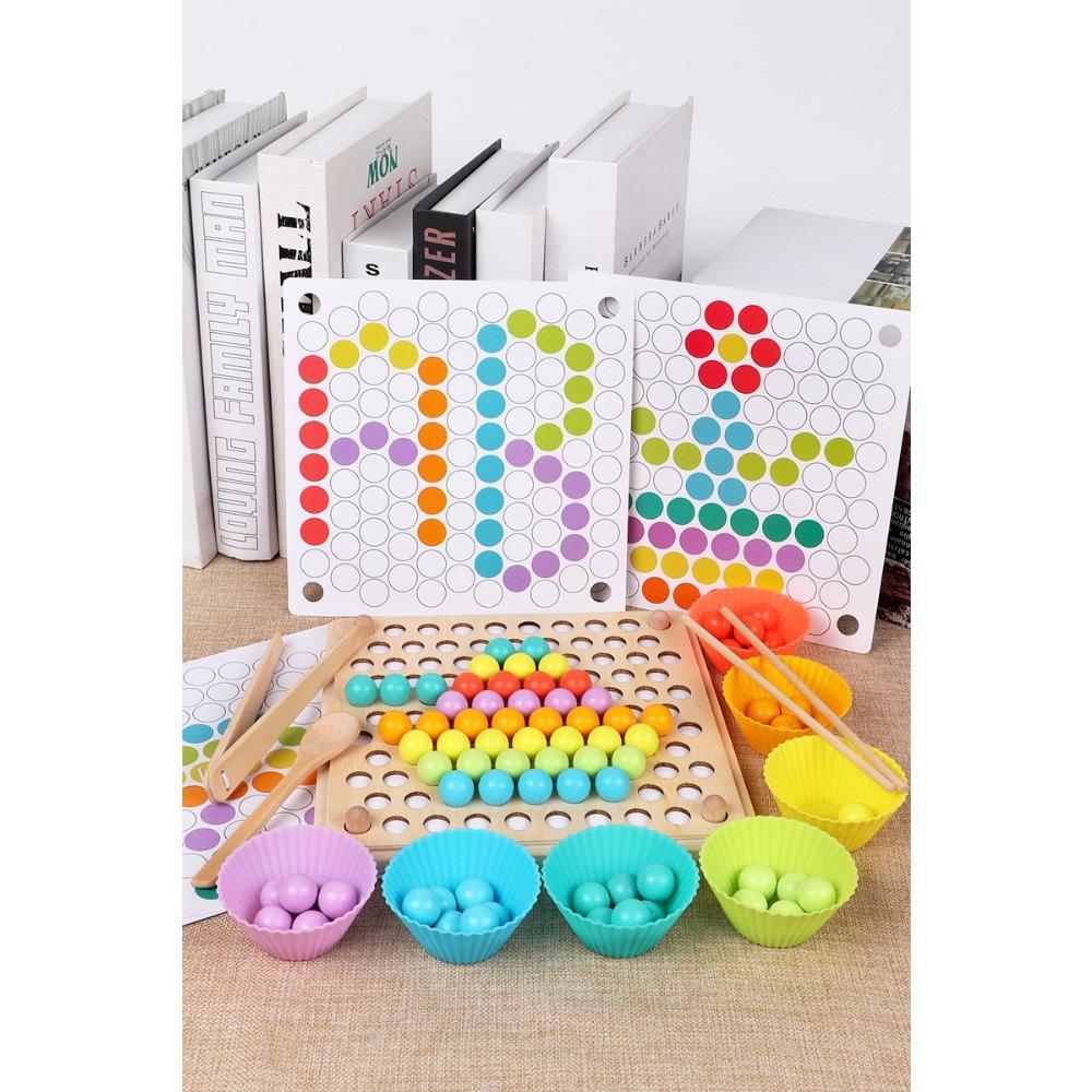 Children's Rainbow Building Block Bead Puzzle Game Early Education Hand-eye Coordination Training Wooden Clip Ball Puzzle Parent-child Toy