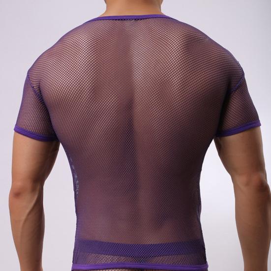 Men V-Neck Color Short Sleeve Hollow Tops Breathable Casual Style Tops
