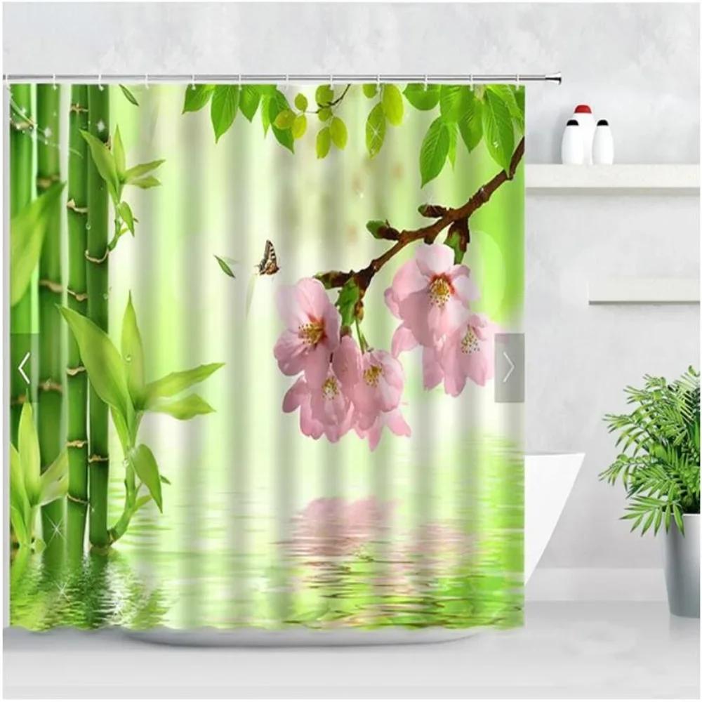 Zen Green Bamboo Shower Curtains Stone Buddha Lotus Candle Asian Japanese Spa Garden Scenery Bath Curtain Fabric Bathroom Decor