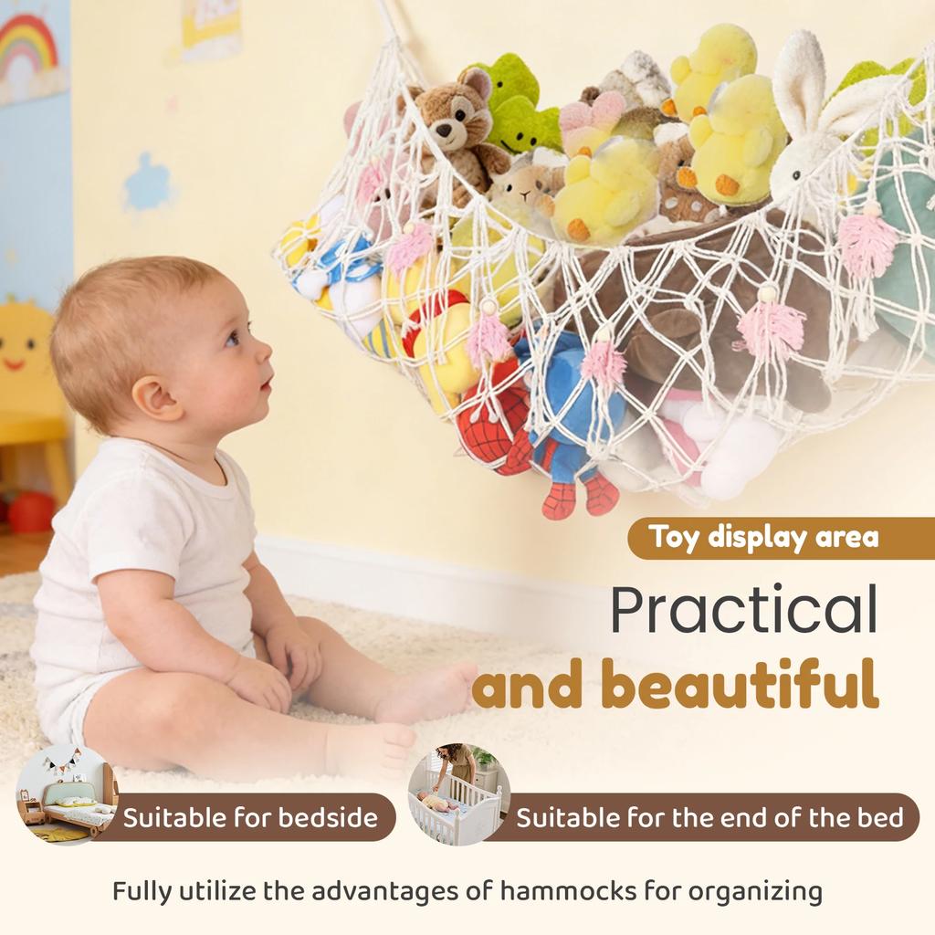 Stuffed Animal Hammock Net Cotton Rope Hanging Plush Toy Storage Net with Tassel Room Decorative Toy Organizer Kids Stuffed Mesh