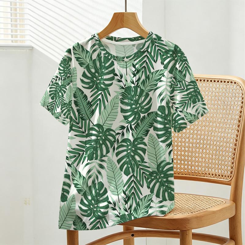 Women's Tropical Plant Print Short Sleeve Top Minimalist, Soft & Comfy, Elegant for Daily Casual, City Walks, Versatile & Trendy