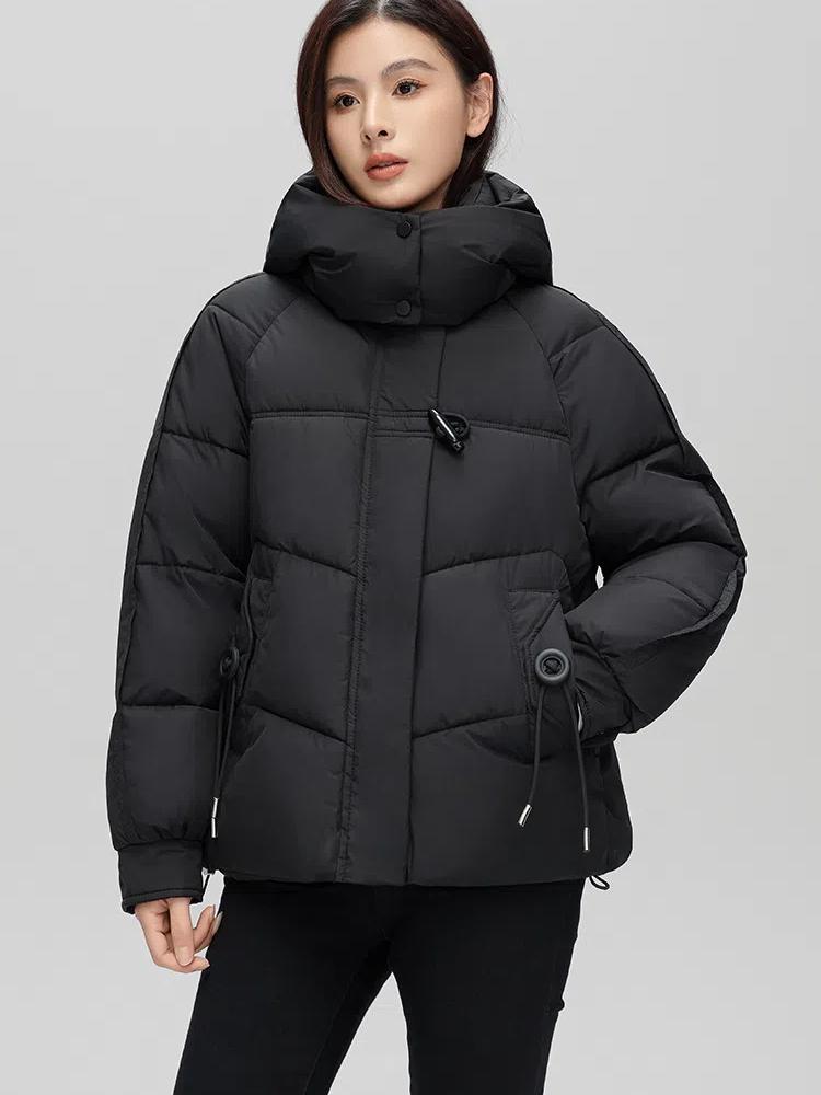 Damen Herbst- und Wintermantel Einfarbig Stehkragen Kapuze Locker Kurz Verdickt Winddicht Damenjacke
