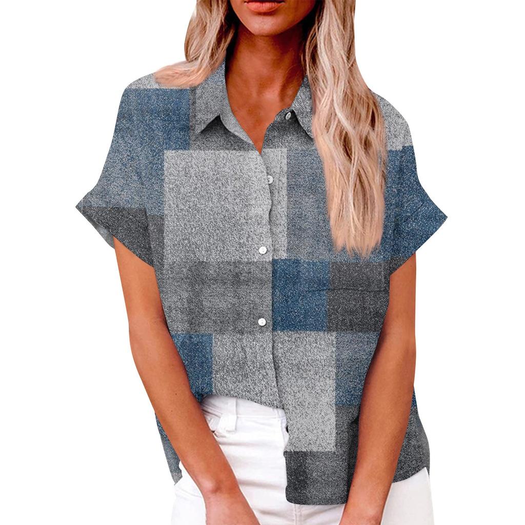 Damă, lejer, lejer, cu mâneci scurte, cu nasturi cu rever, cu imprimeu digital, cu cămașă de top cu buzunar