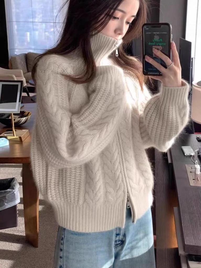 Women's High Neck Wool Cable Knit Zipper Cardigan - Thick, Warm, and Loose Autumn/Winter Sweater.