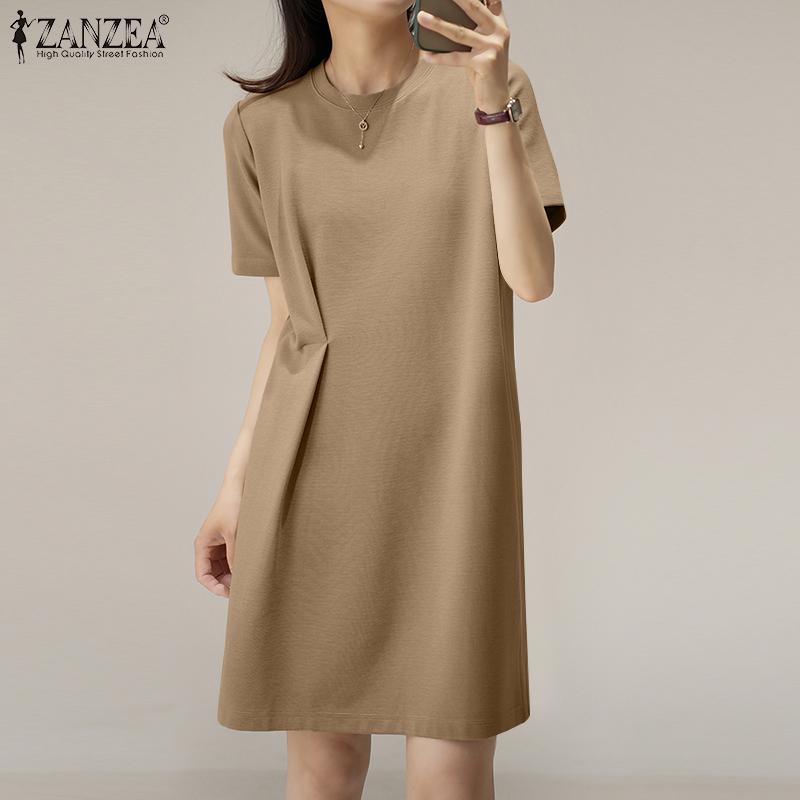 

ZANZEA Женское повседневное однотонное платье с круглым вырезом и коротким рукавом