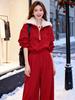 Tuta sportiva casual da donna invernale rossa 2025: Completo due pezzi con felpa spessa in velluto e pantaloni a gamba larga