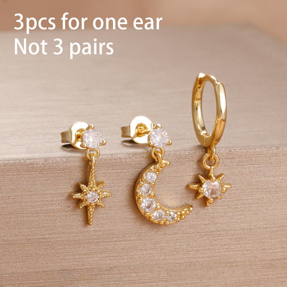 3 Pieces Stainless Steel Hoop Earrings Set For Women Crystal Zircon Huggie Flower Water Drop Trendy Earring Piercing Jewelry