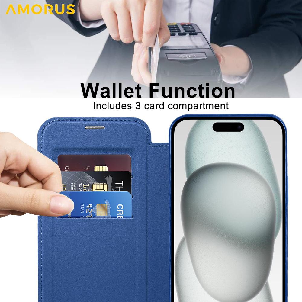 For iPhone 15 Plus Case Compatible with MagSafe RFID Blocking Card Holder Leather Phone Cover